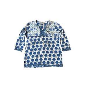 Missprint Tunic‎ Top Womens Blue Floral Block Print Boho Split Neck SIZE S